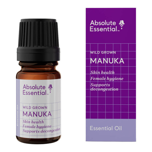 Manuka essential oil bottle and packaging with 'Absolute Essential' branding on a white background.