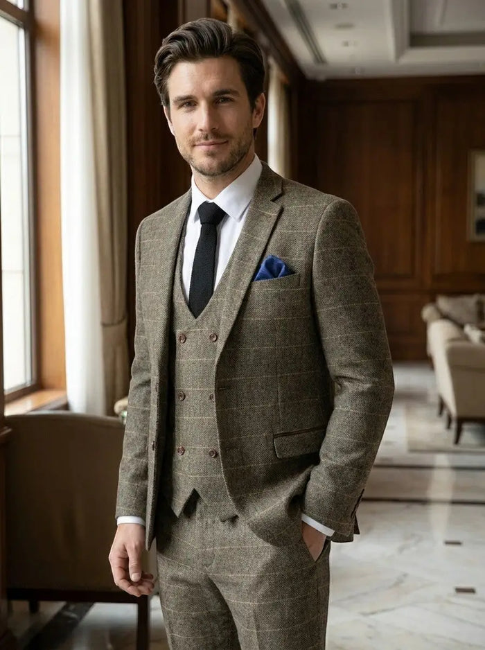 Max Men's check pattern suit with blazer, vest, and trousers, tailored fit for formal occasions, stylish men's fashion from LondonLaneStore.