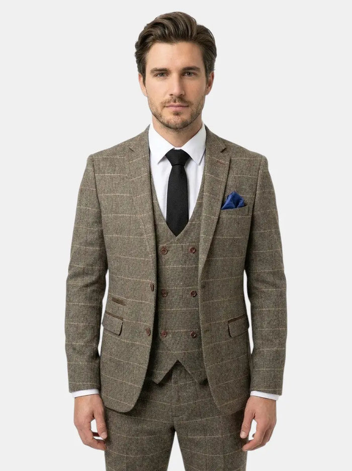 Men's check pattern suit by LondonLaneStore featuring a blazer, vest, and trousers for formal occasions.