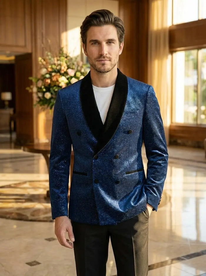 Max Men's suit set featuring a lightweight fabric and double-breasted blazer, ideal for formal or business attire.