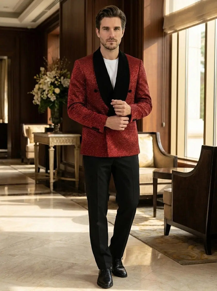 Max men's suit set featuring a lightweight fabric and double-breasted blazer, ideal for formal occasions.