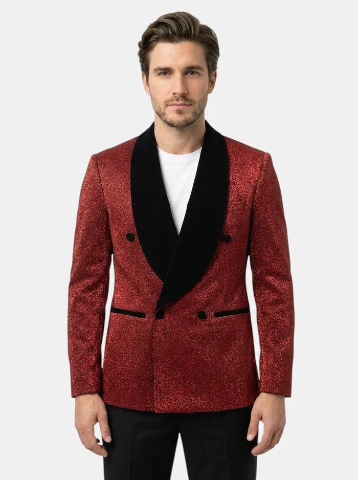 Men's Max suit set by LondonLaneStore featuring a lightweight fabric, double-breasted blazer and matching trousers on a hanger.