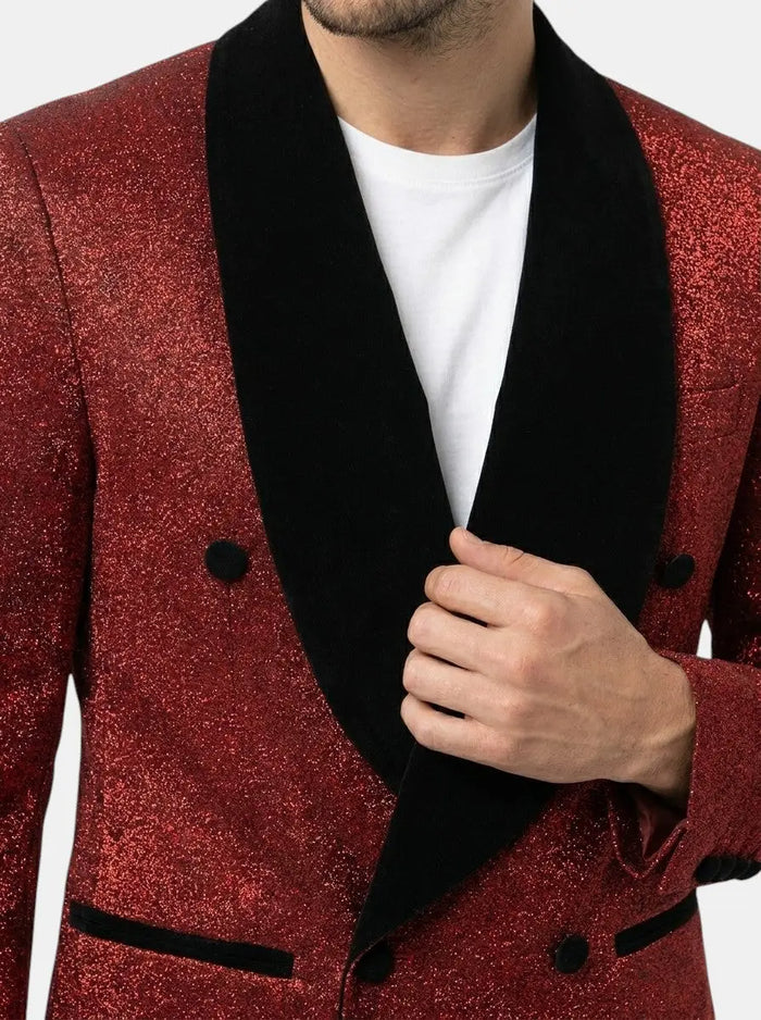 Max Men's suit set featuring a lightweight fabric and double-breasted blazer, displayed on a hanger.