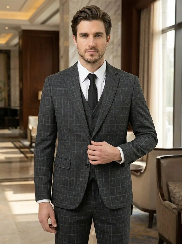 Max men's three-piece checked suit with lightweight fabric, tailored fit, and classic style for formal occasions.