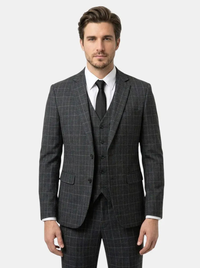 Max men's three-piece suit with checked pattern and lightweight fabric, tailored for a stylish, comfortable fit.