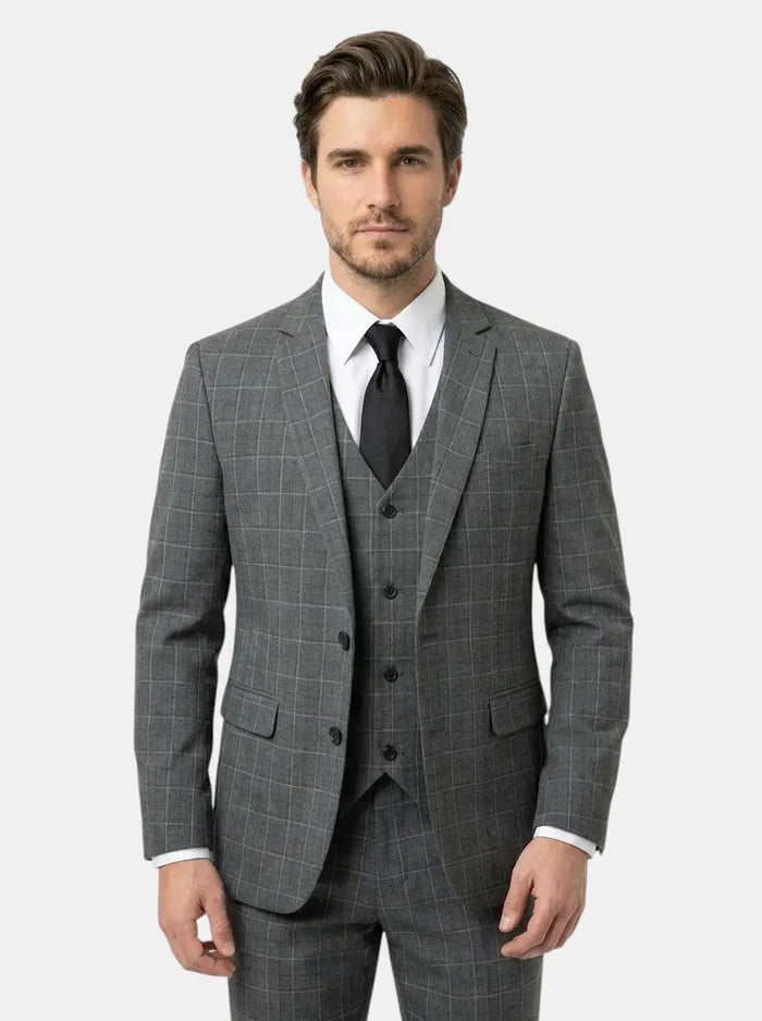 Max men's three-piece suit with checked pattern, lightweight fabric, tailored fit, ideal for formal occasions.