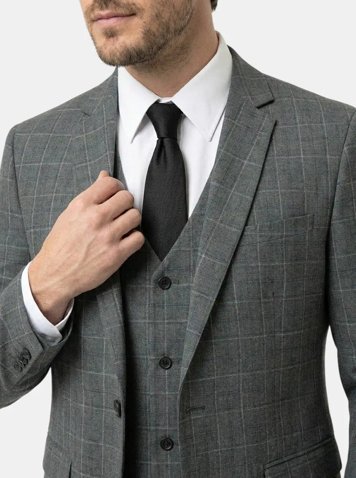 Max men's three-piece checked suit made from lightweight fabric, tailored fit, with jacket, vest, and trousers.