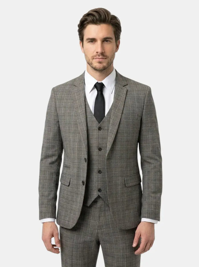 Max men's three-piece checked suit made from lightweight fabric, stylish and tailored for a modern, sophisticated look.