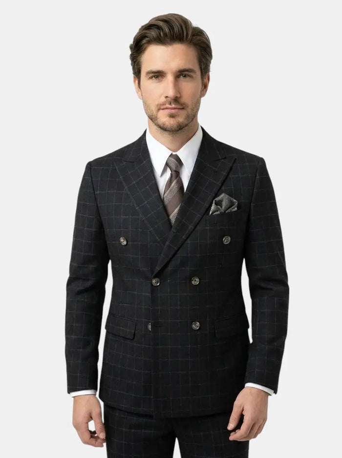 Max men's three-piece suit with lightweight check pattern, formal attire, featuring jacket, vest, and trousers in a stylish design.