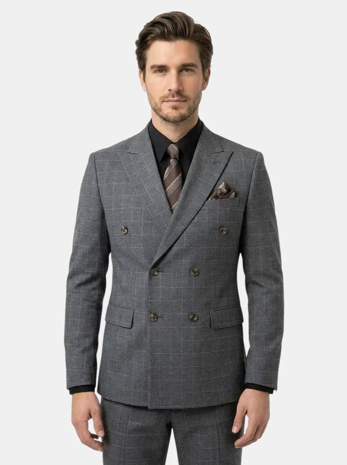 Max men's three-piece suit with lightweight check pattern, formal attire, featuring jacket, vest, and trousers in a stylish design.