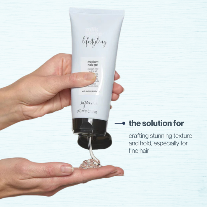 Hand holding a tube of hair gel milk_shake  'lifestyling' with text about its use.