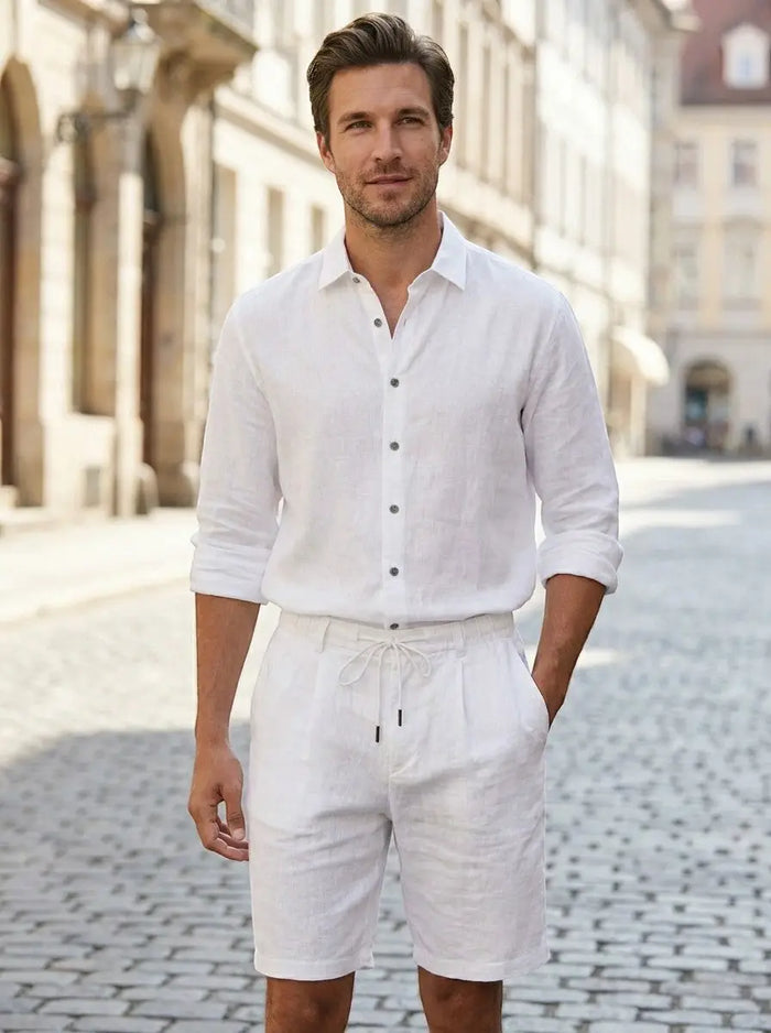 Men's breathable linen two-piece set with relaxed long sleeve shirt and drawstring shorts, ideal for summer comfort.