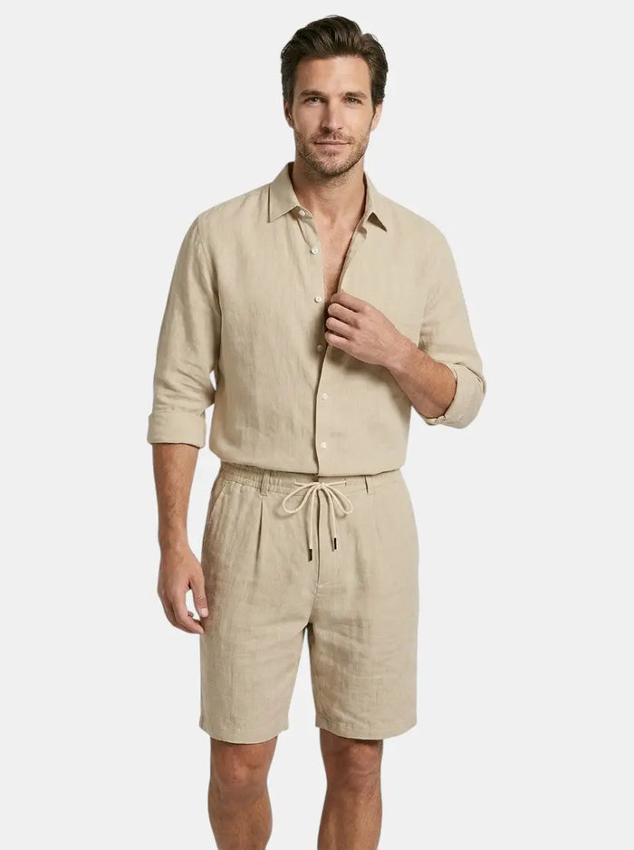 Men's breathable linen two-piece set from LondonLaneStore, featuring a relaxed long sleeve shirt and drawstring shorts for summer.