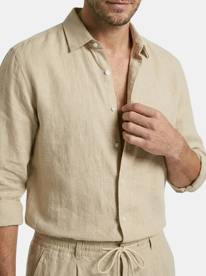 Men's breathable linen two-piece set with relaxed long sleeve shirt and drawstring shorts, ideal for summer comfort.