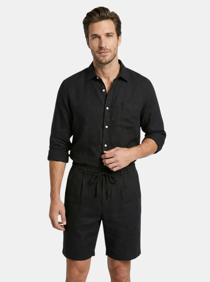 Men's breathable linen two-piece set with relaxed long sleeve shirt and drawstring shorts, perfect for summer comfort.