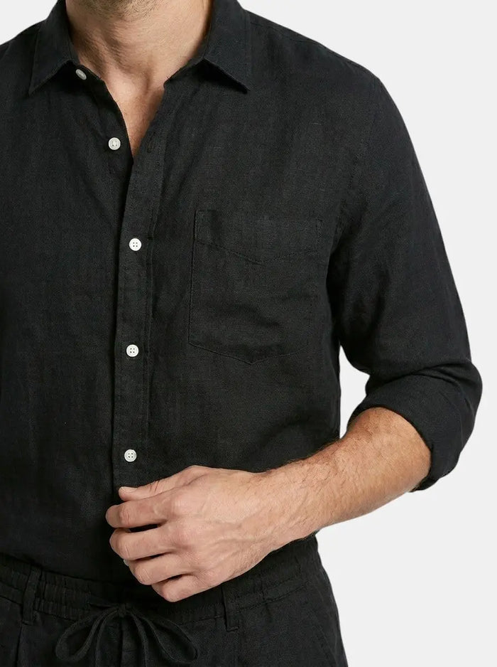 Men's breathable linen two-piece set with relaxed long sleeve shirt and drawstring shorts, ideal for summer comfort.
