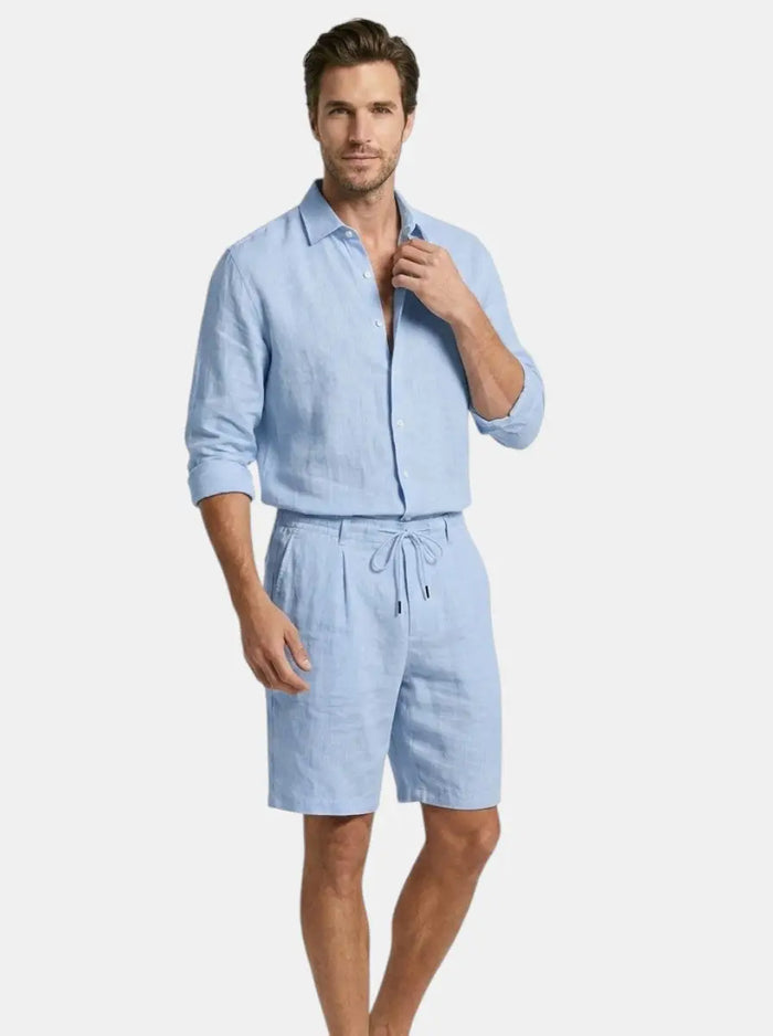 Men's breathable linen two-piece set from LondonLaneStore with relaxed long sleeve shirt and drawstring shorts for summer.