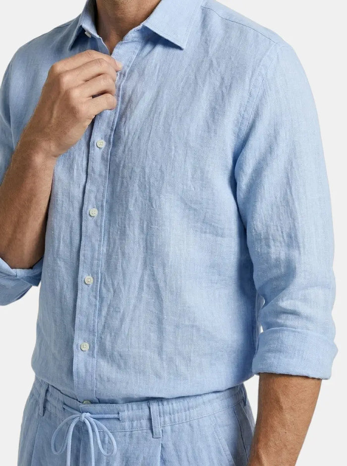 Men's breathable linen two-piece set with relaxed long sleeve shirt and drawstring shorts, perfect for summer comfort.