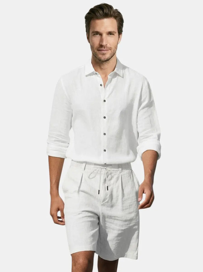 Men's breathable linen two-piece set with relaxed long sleeve shirt and drawstring shorts, ideal for summer comfort.