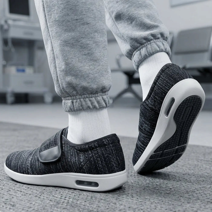 Men's breathable mesh trainers with extra-wide fit and adjustable comfort straps, designed for everyday wear.