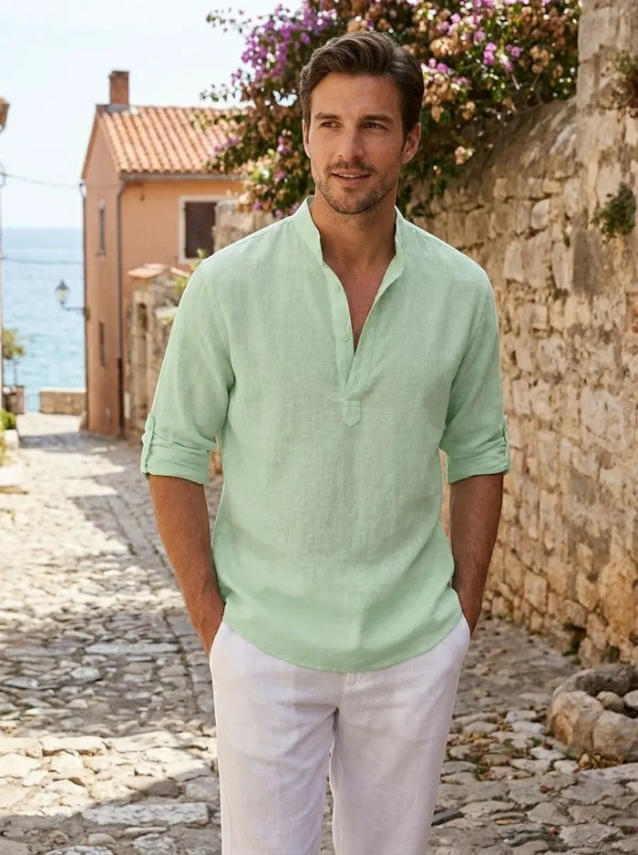 Men's casual cotton long sleeve polo shirt with open neck design by LondonLaneStore, relaxed fit, suitable for everyday wear.