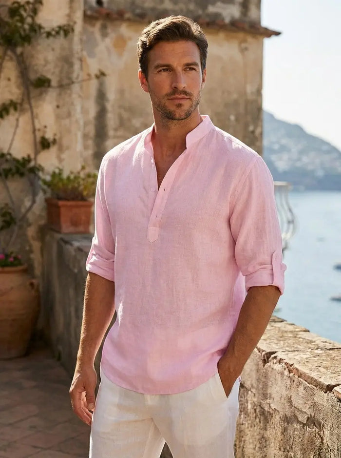 Men's casual cotton long sleeve polo shirt with open neck design, relaxed fit, by LondonLaneStore, suitable for everyday wear.