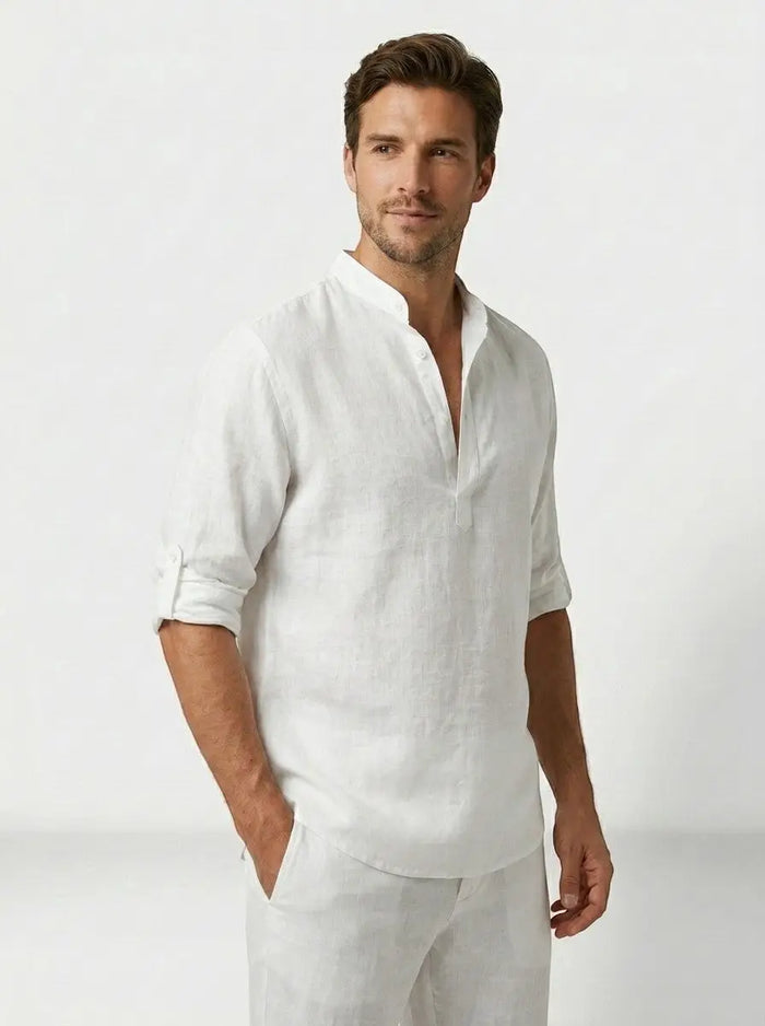 Men's casual cotton long sleeve polo shirt with open neck design, relaxed fit from LondonLaneStore, perfect for smart-casual wear.
