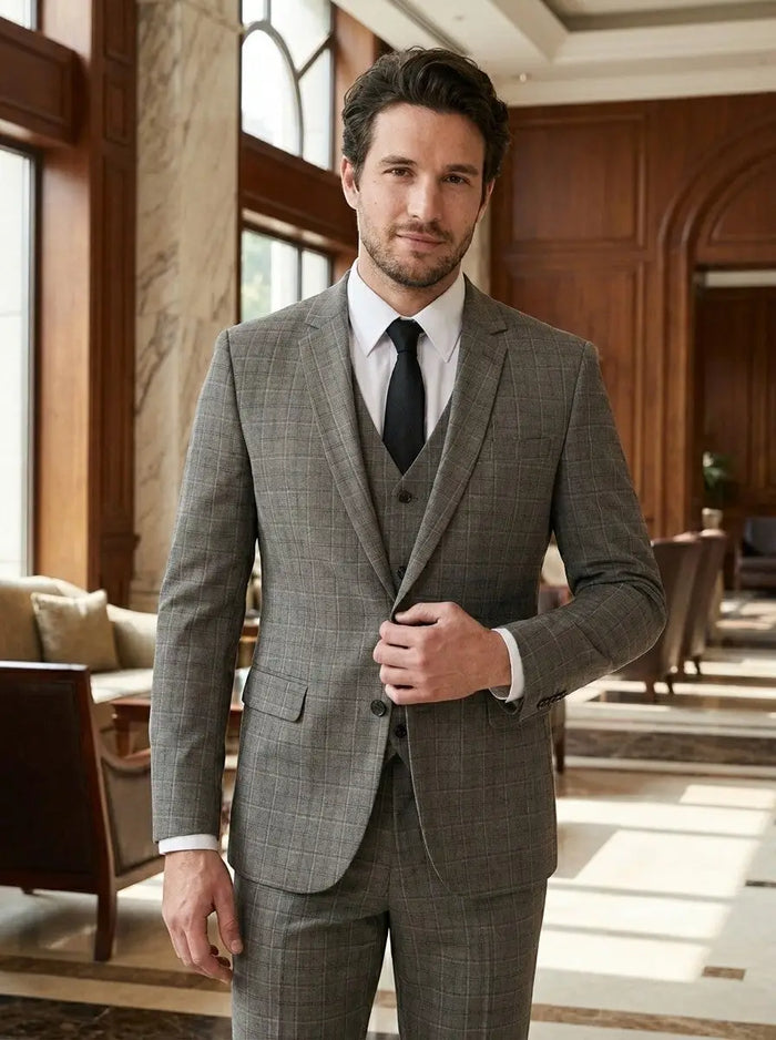 Men's checked fabric three-piece suit from LondonLaneStore, tailored wedding attire with a classic fit and elegant design.