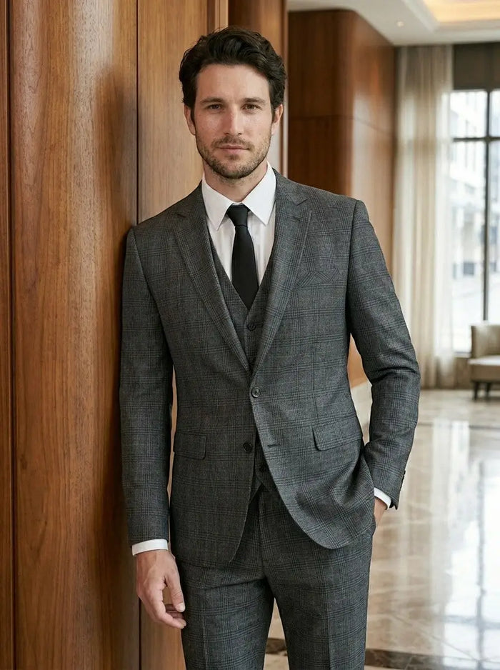 Men's checked fabric three-piece suit from LondonLaneStore, tailored wedding attire with jacket, vest, and trousers in a stylish pattern.