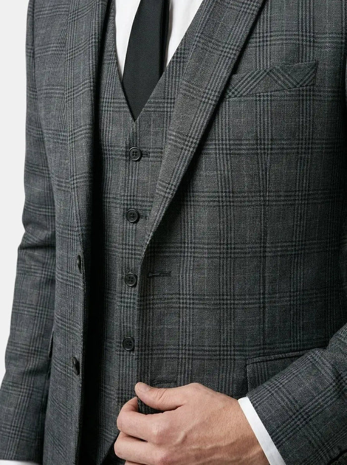 Men's checked fabric three-piece suit from LondonLaneStore, tailored elegant wedding attire with jacket, vest, and trousers.
