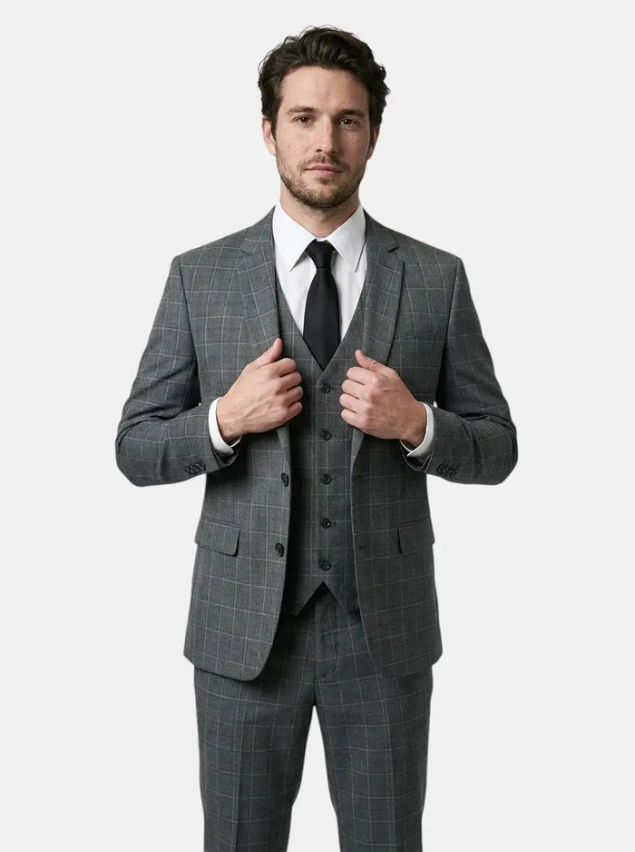 Men's checked fabric three-piece suit by LondonLaneStore, tailored elegant wedding attire with jacket, vest, and trousers.