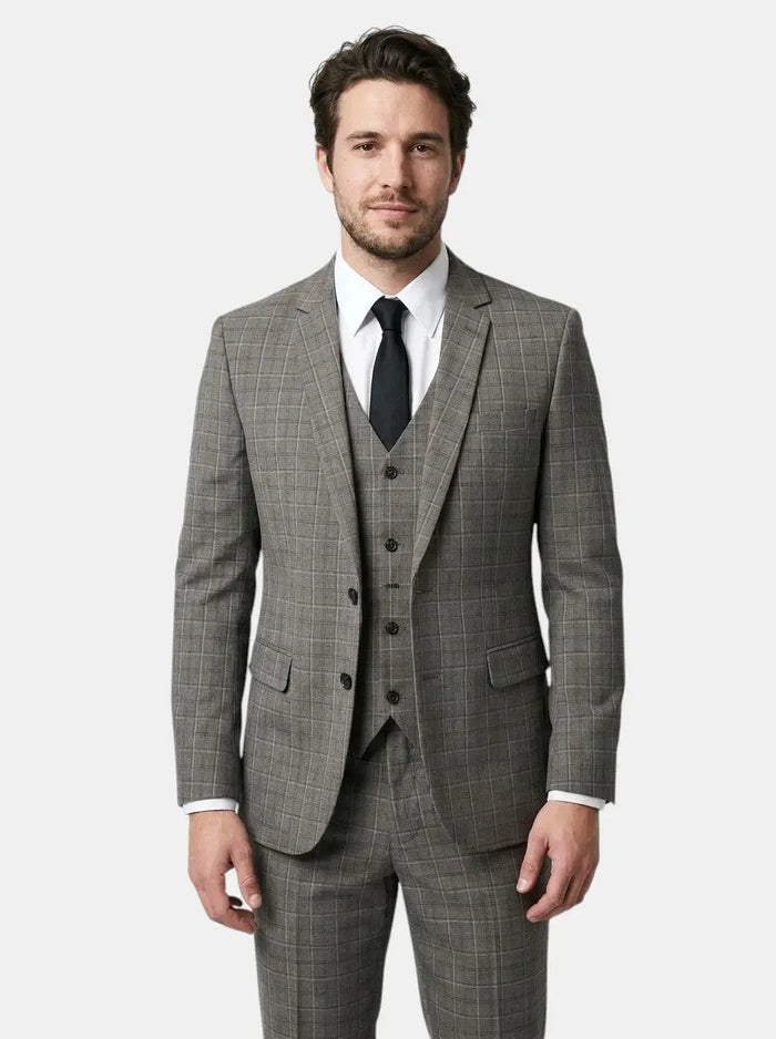 Men's checked fabric three-piece suit from LondonLaneStore, tailored for elegant wedding attire, featuring a jacket, waistcoat, and trousers.