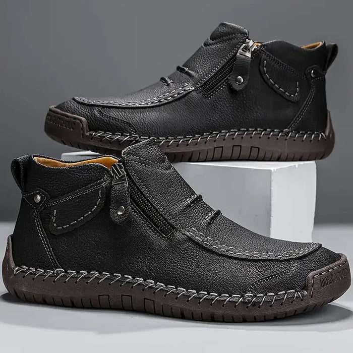 Men's black leather ankle sneakers with side zipper, stylish casual footwear by LondonLaneStore, designed for comfort and easy wear.