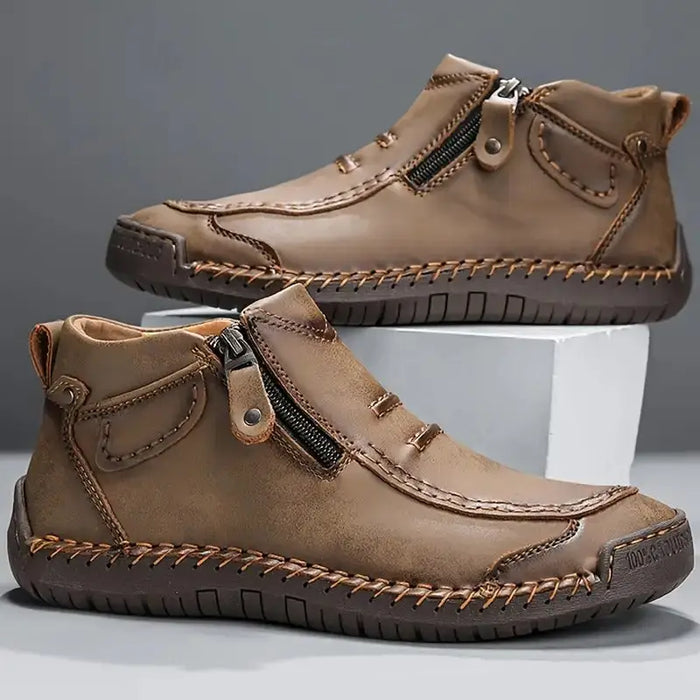 Men's black leather ankle boots with side zipper, stylish casual footwear from LondonLaneStore. Orthopedic design for comfort.