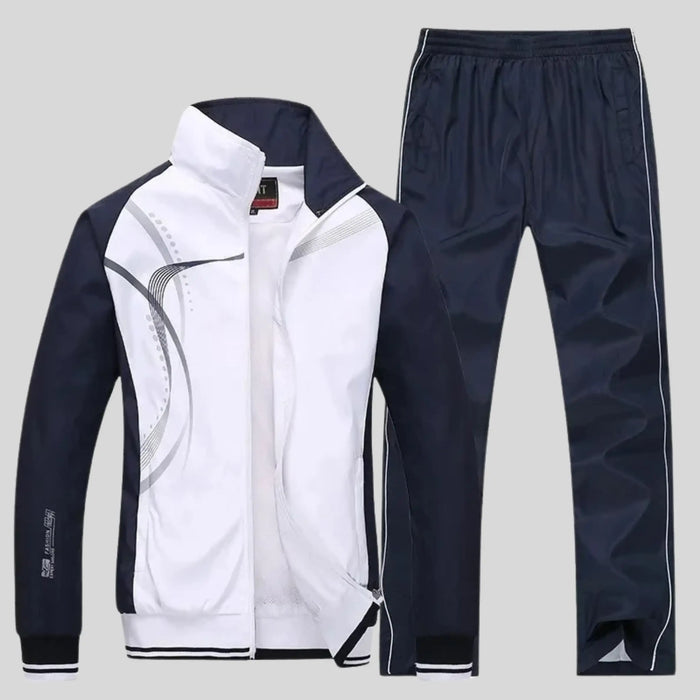 Men's polyester training set with zip-up jacket and matching trousers, designed for comfort and style by LondonLaneStore.