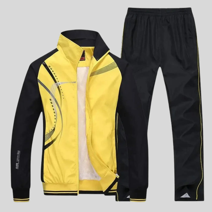 Men's polyester training set with zip-up jacket and trousers, featuring a comfortable fit and stylish design by LondonLaneStore.