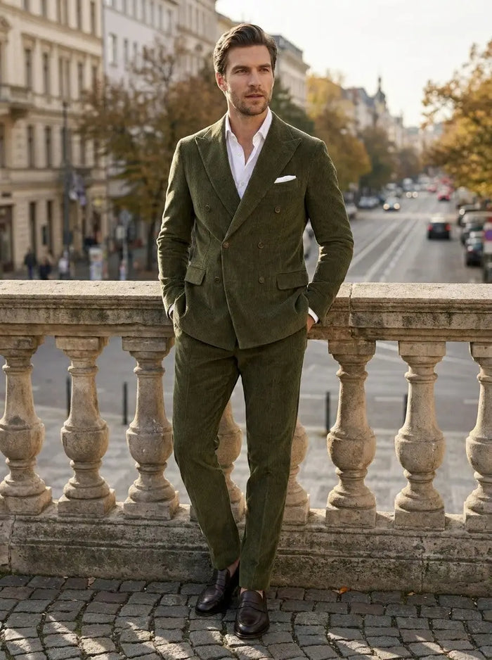 Men's corduroy cotton blend wedding suit, elegant three-piece tailored outfit, featuring a classic fit and sophisticated design.