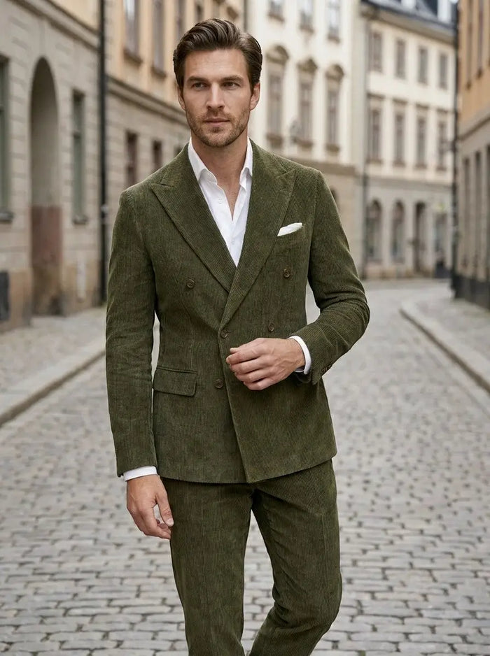 Men's corduroy cotton blend wedding suit, elegant three-piece tailored men's suit with lapel jacket and matching trousers.