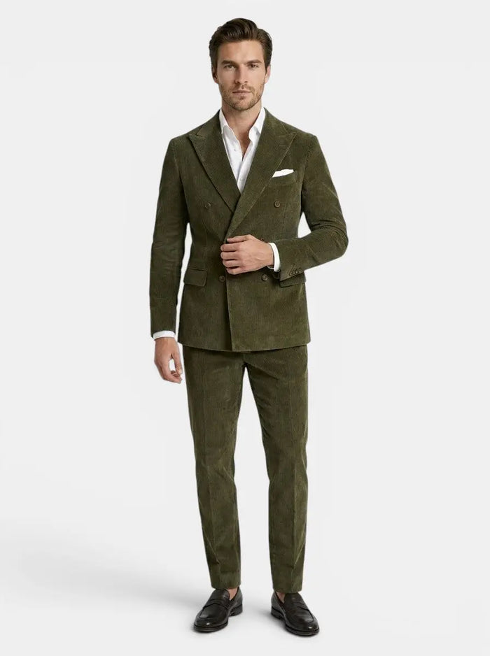 Men's corduroy cotton blend wedding suit, elegant three-piece tailored outfit for men, featuring a stylish fit and classic design.