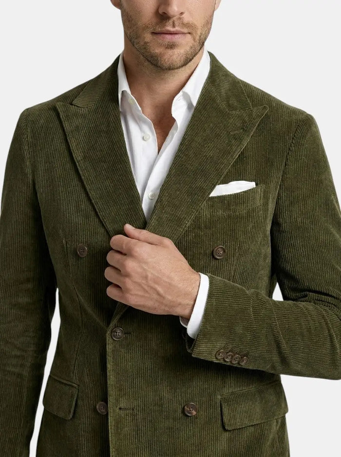 Men's corduroy cotton blend wedding suit, three-piece tailored outfit, elegant and stylish for formal occasions.
