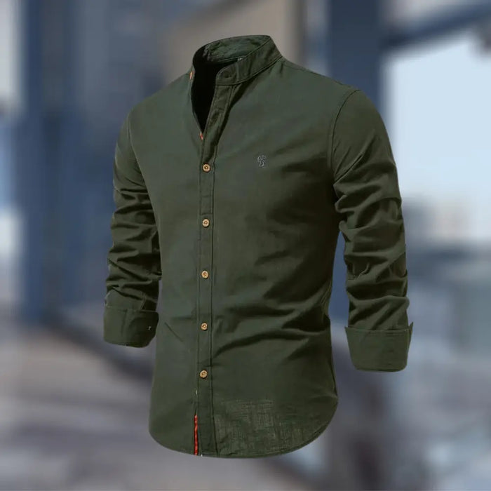 Men's cotton blend stand collar polo shirt with long sleeves, modern smart-casual style, featuring button-up front.