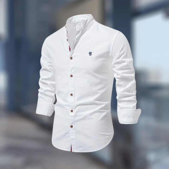 Men's cotton blend stand collar polo shirt with long sleeves, stylish smart-casual design, button-up front, in a modern fit.