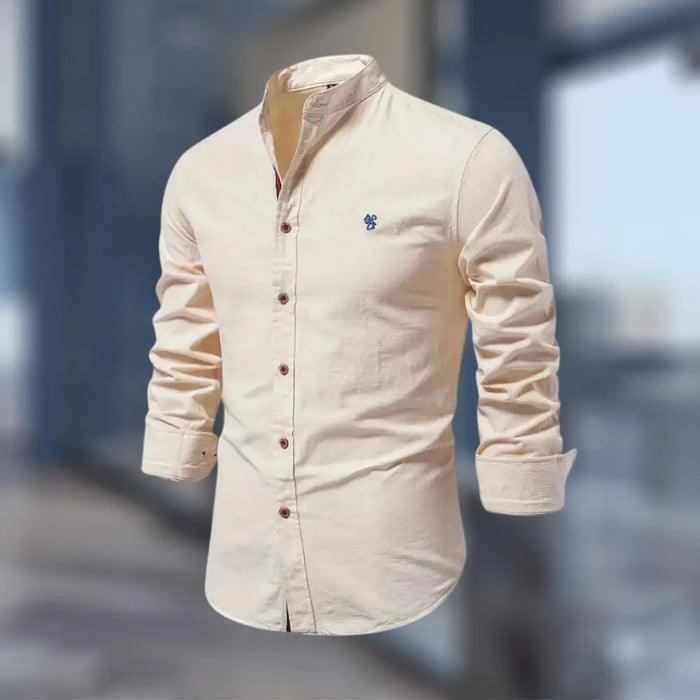 Men's cotton blend stand collar polo shirt with long sleeves, stylish smart-casual men's button-up shirt in a classic design.