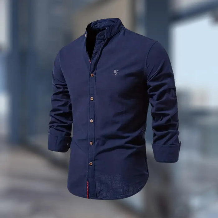 Men's cotton blend stand collar polo shirt with long sleeves, stylish and versatile for smart-casual looks, from LondonLaneStore.