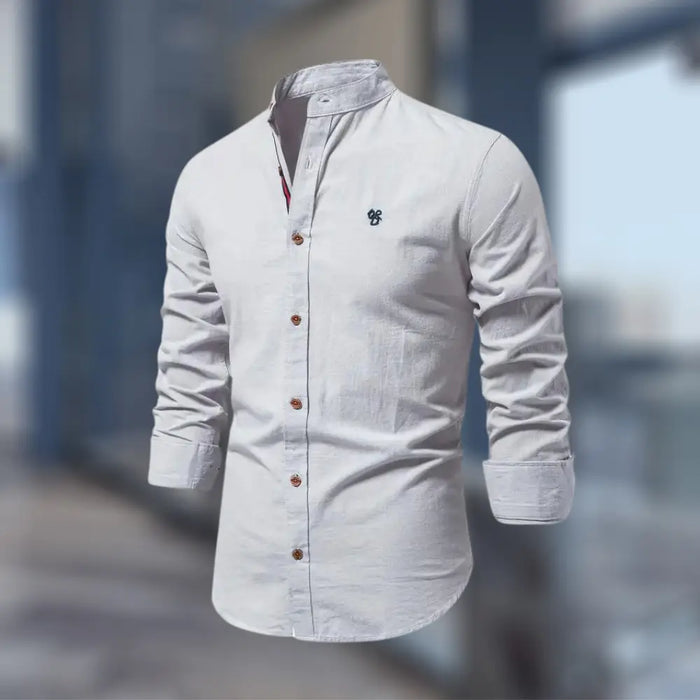 Men's cotton blend stand collar polo shirt with long sleeves, versatile smart-casual style, shown in a modern button-up design.