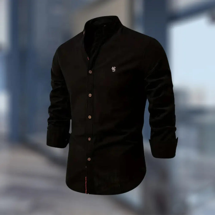Men's cotton blend stand collar long sleeve polo shirt, versatile smart-casual style, modern button-up from LondonLaneStore.