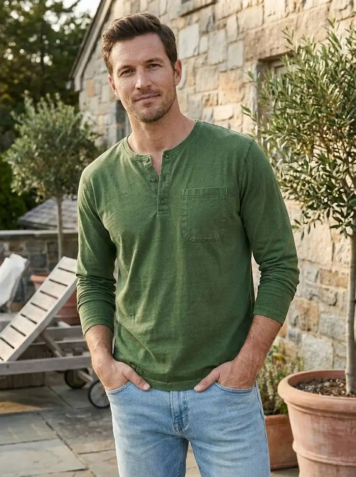 Men's cotton long sleeve Henley shirt with chest pocket, casual comfortable everyday wear by LondonLaneStore.