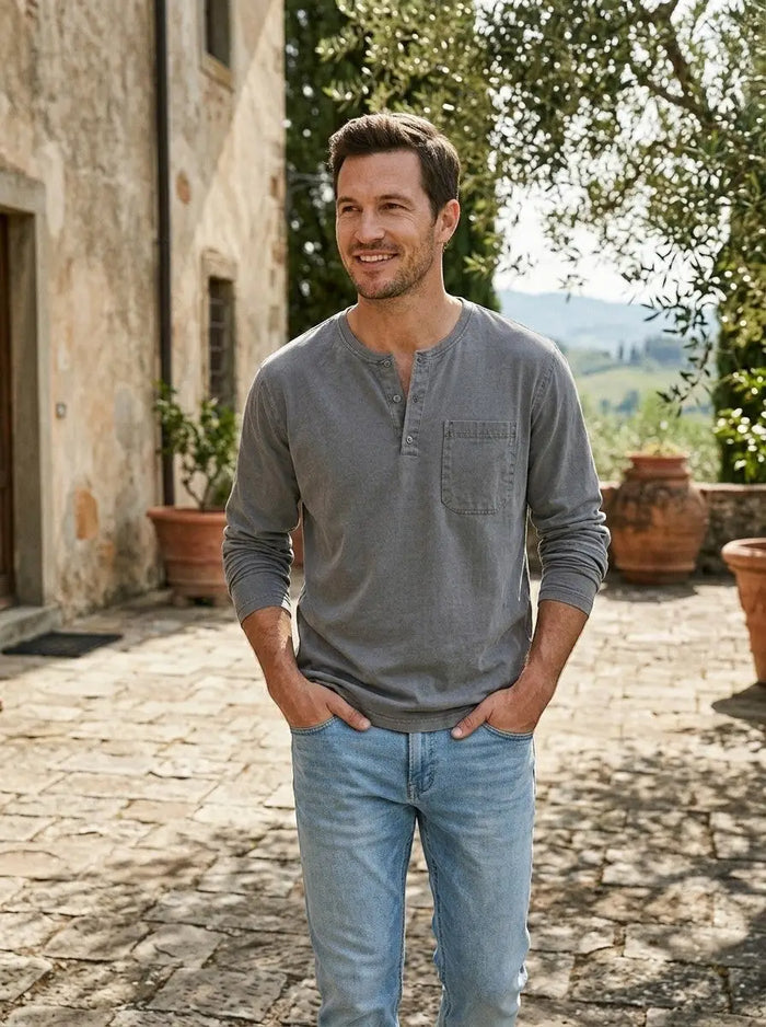 Men's cotton long sleeve Henley shirt with chest pocket, casual and comfortable everyday wear by LondonLaneStore.