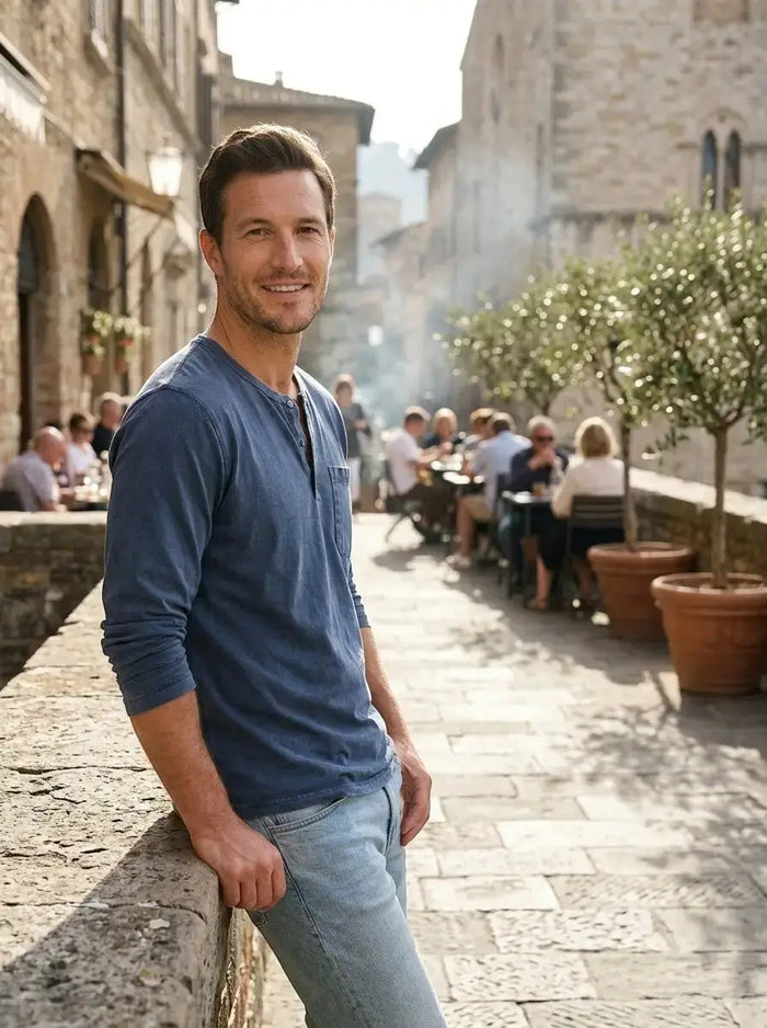 Men's cotton long sleeve Henley shirt with chest pocket, casual and comfortable everyday wear, in a neutral color.