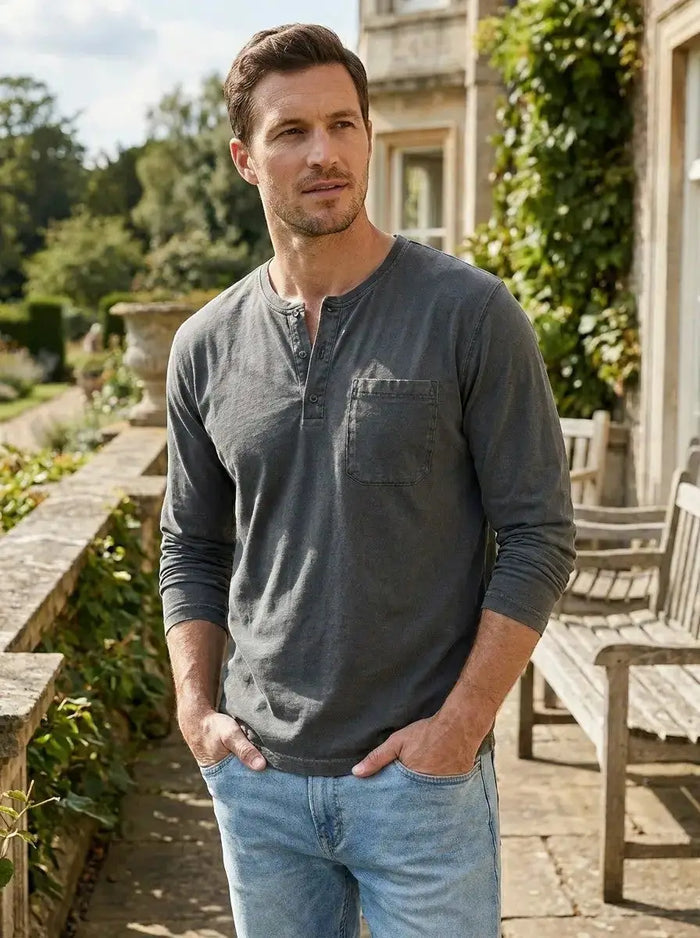 Men's cotton long sleeve Henley shirt with chest pocket, casual and comfortable everyday wear, in classic style.